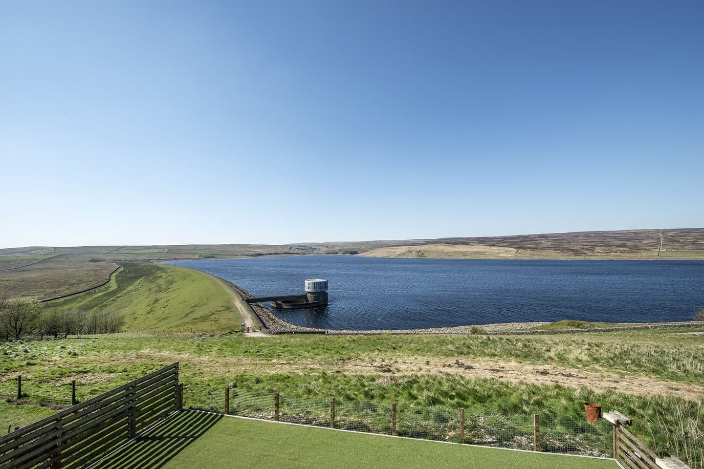 Panoramic view across Grimwith Reservoir, with open water and moorland under big Yorkshire Dales skies.